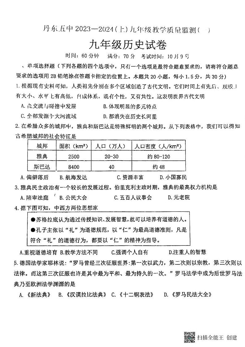 辽宁省丹东市第五中学2023-2024学年九年级上学期10月月考历史试题第1页