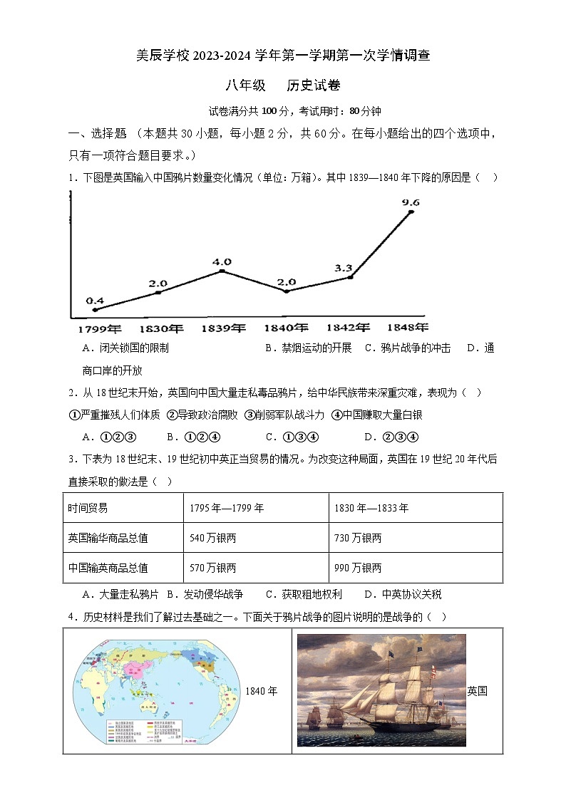 广东省佛山市顺德区美辰学校2023-2024学年八年级上学期第一次学情调查历史试题（月考）第1页