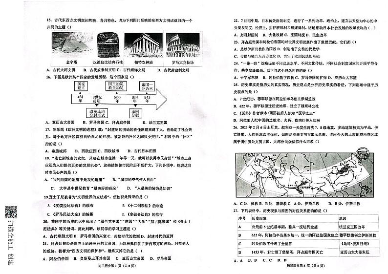 山东省威海市文登区重点中学联考（五四学制）2023-2024学年八年级上学期10月月考历史试题第2页