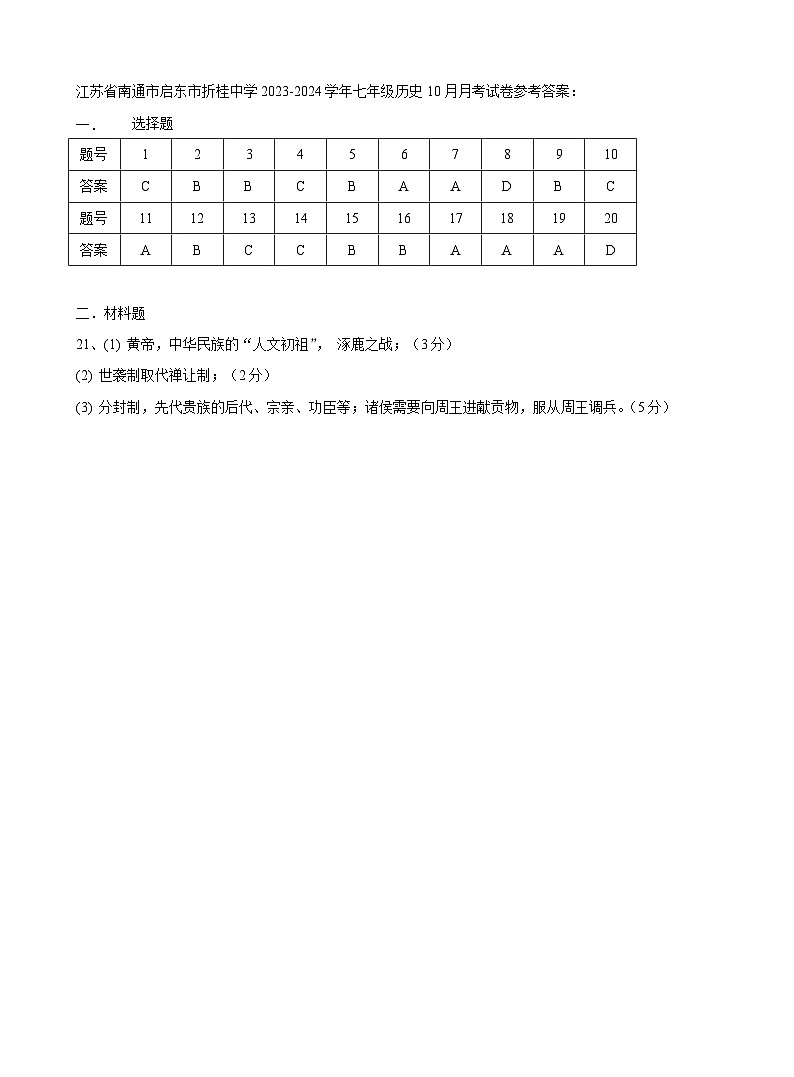 江苏省南通市启东市折桂中学2023-2024学年七年级历史10月月考试卷参考答案第1页