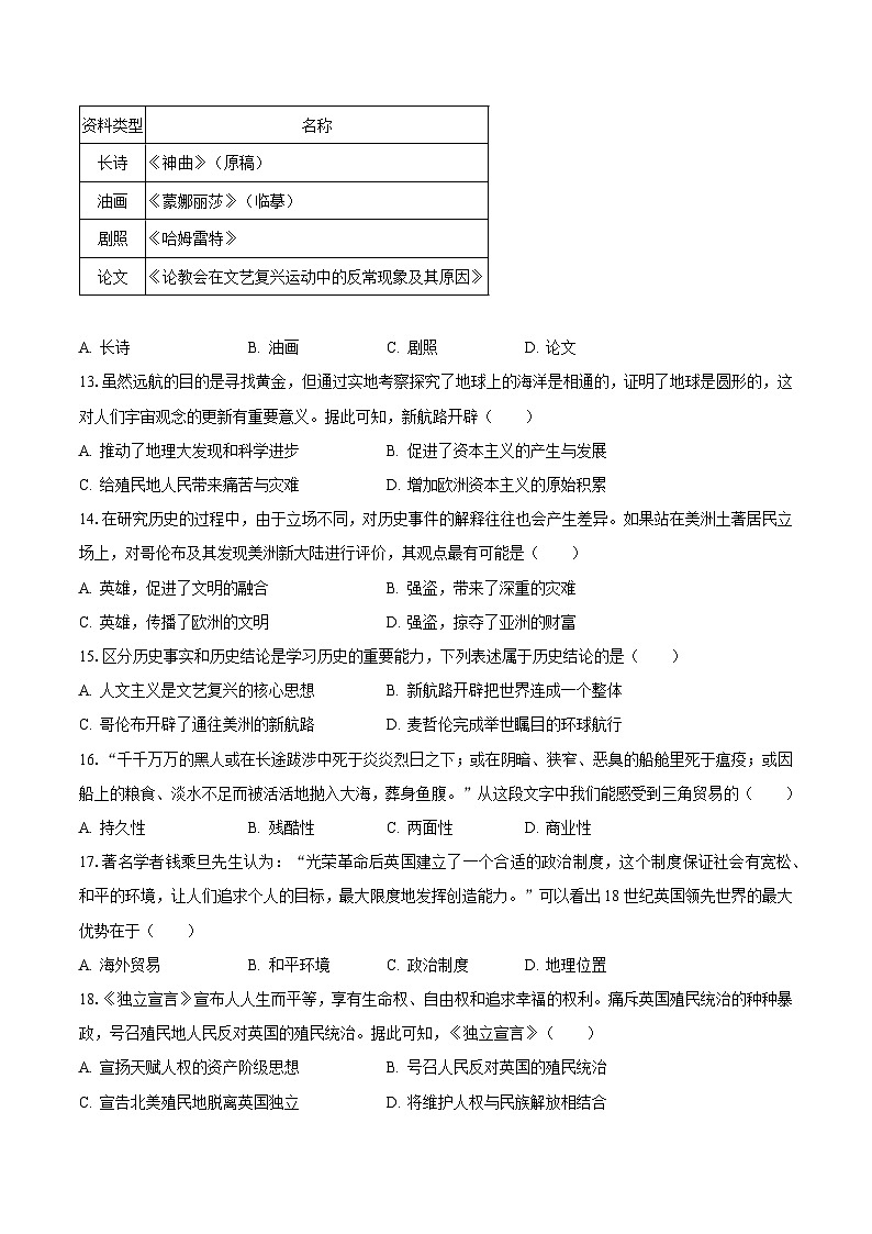 2023-2024学年福建省莆田二十五中九年级（上）第一次月考历史试卷（含解析）第3页