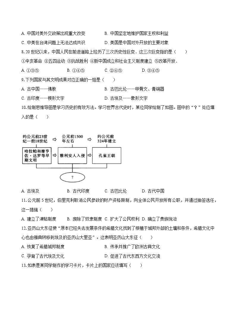 2023-2024学年安徽省淮南市凤台县九年级（上）期初历史试卷（含解析）02