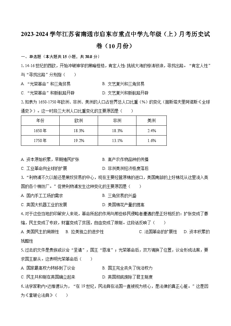 2023-2024学年江苏省南通市启东市重点中学九年级（上）月考历史试卷（10月份）（含解析）第1页