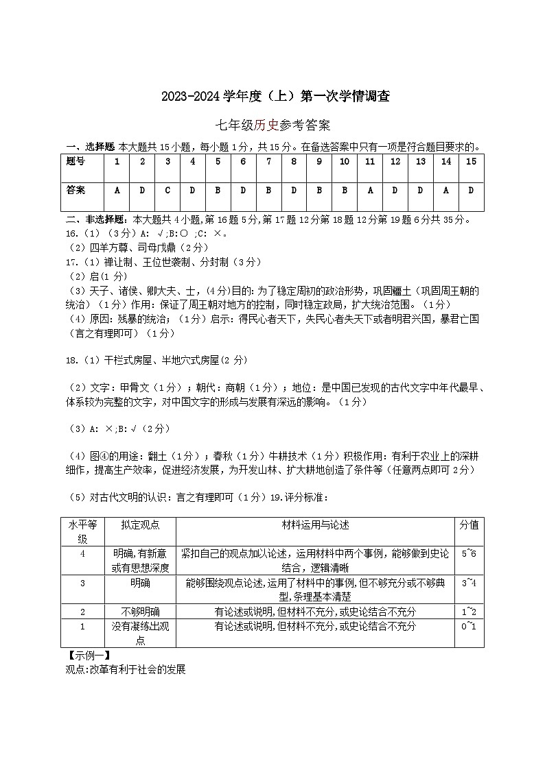 七年级第一次学情调查历史科答案第1页