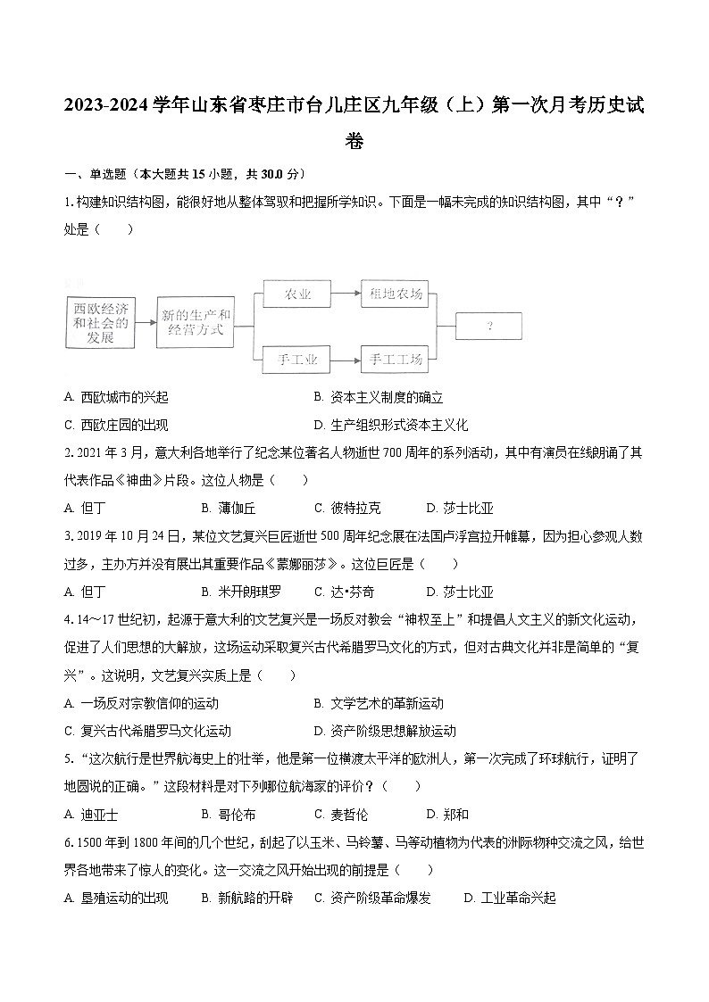 2023-2024学年山东省枣庄市台儿庄区九年级（上）第一次月考历史试卷（含解析）01