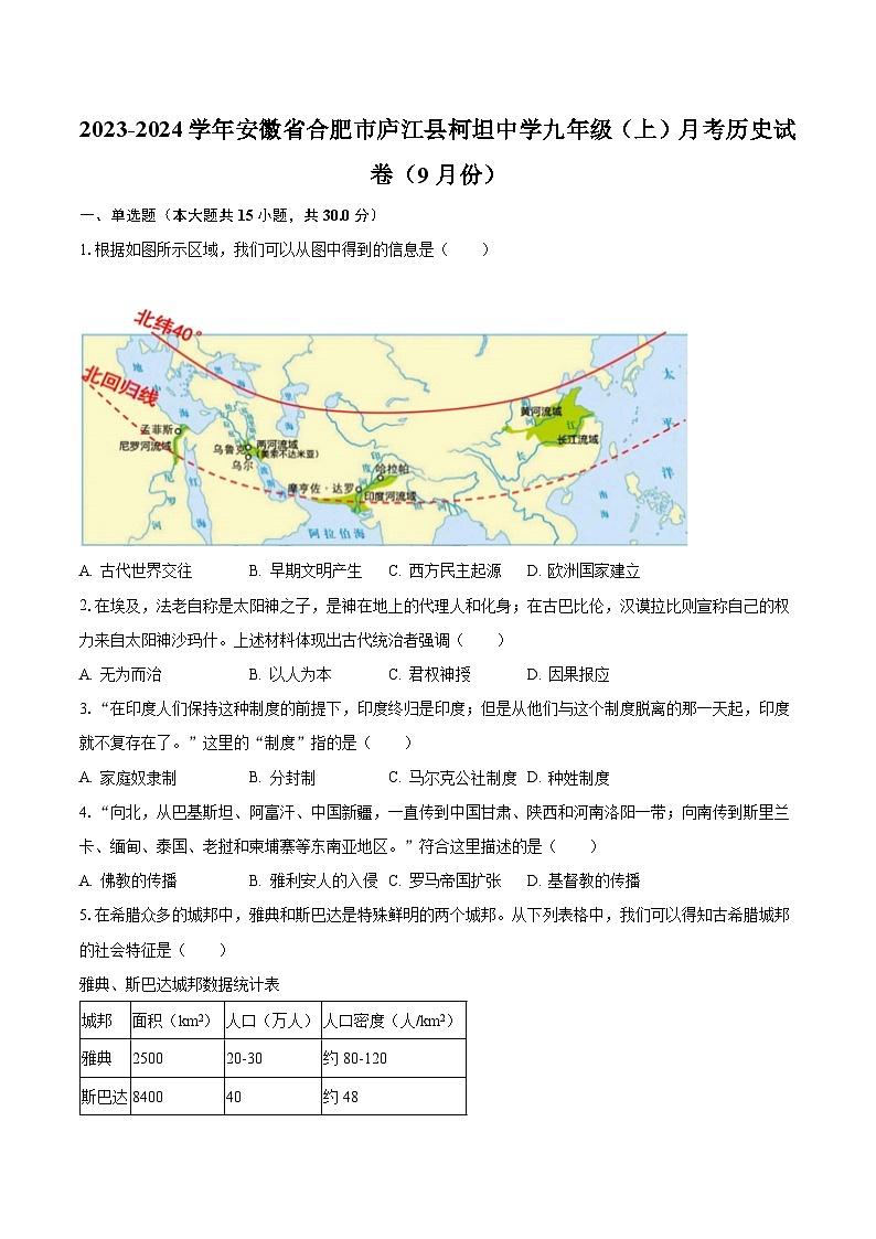 2023-2024学年安徽省合肥市庐江县柯坦中学九年级（上）月考历史试卷（9月份）（含解析）01