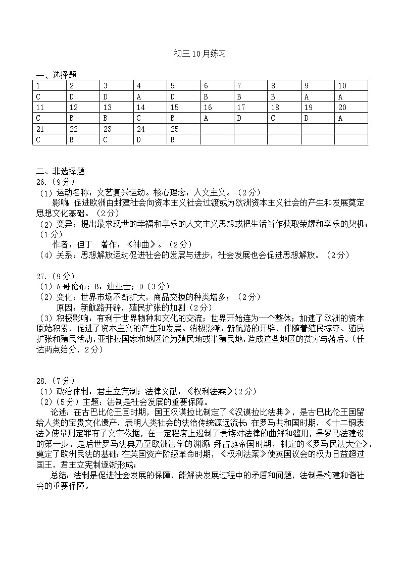江苏省仪征市实验教育集团2023-2024学年九年级上学期10月质量抽测历史试卷（月考）01