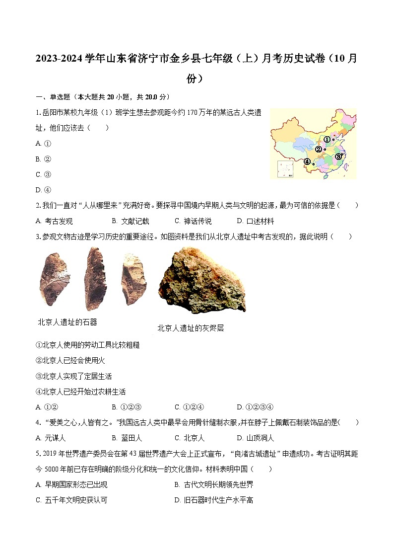 2023-2024学年山东省济宁市金乡县七年级（上）月考历史试卷（10月份）（含解析）01