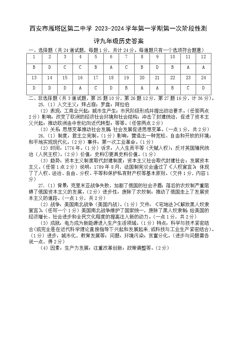 第一次阶段性测评九年级历史答案第1页