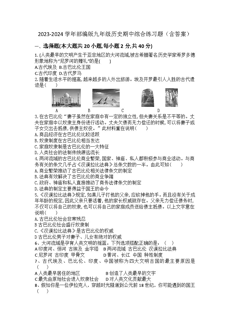 2023-2024学年部编版九年级历史期中综合练习题（含答案）第1页