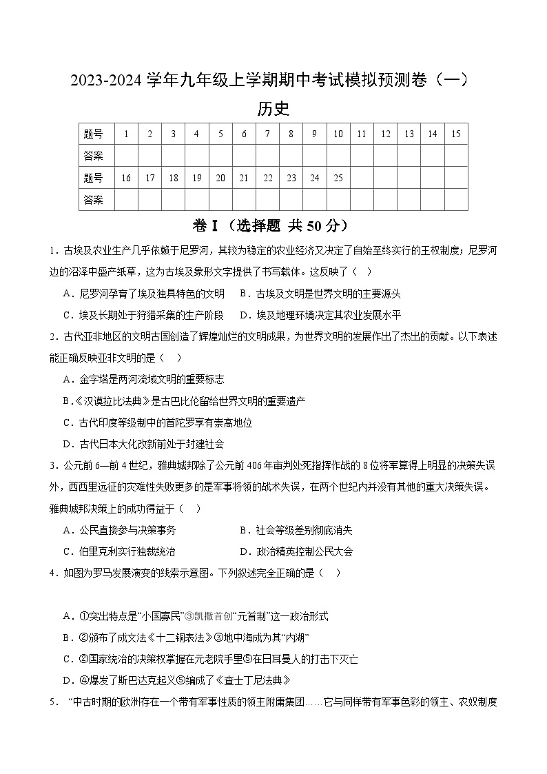 【期中模拟】（部编版）2023-2024学年九年级历史上册 期中真题分类汇编  期中考试模拟预测卷1.zip01