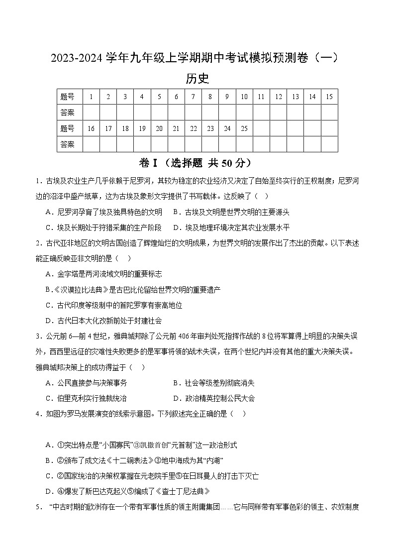 【期中模拟】（部编版）2023-2024学年九年级历史上册 期中真题分类汇编  期中考试模拟预测卷1.zip01