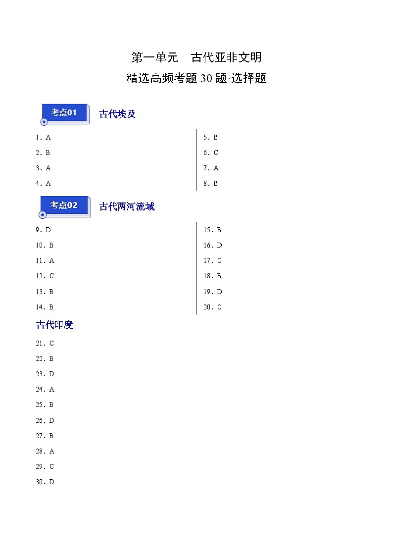 【期中真题】（广东专用）2023-2024学年九年级历史上学期期中真题分类汇编-高频选择题 第一单元古代亚非文明-试卷.zip01