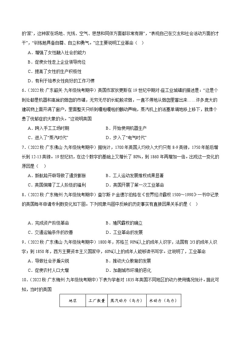 【期中真题】（广东专用）2023-2024学年九年级历史上学期期中真题分类汇编-高频选择题 第七单元工业革命和国际共产主义运动的兴起-试卷.zip02
