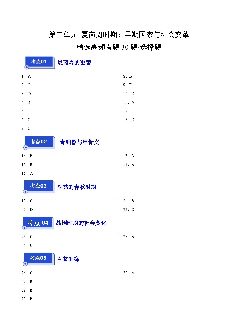 【期中真题】（广东专用）2023-2024学年七年级历史上册 期中真题分类汇编-高频选择题 第二单元 夏商周时期：早期国家与社会变革-试卷.zip01