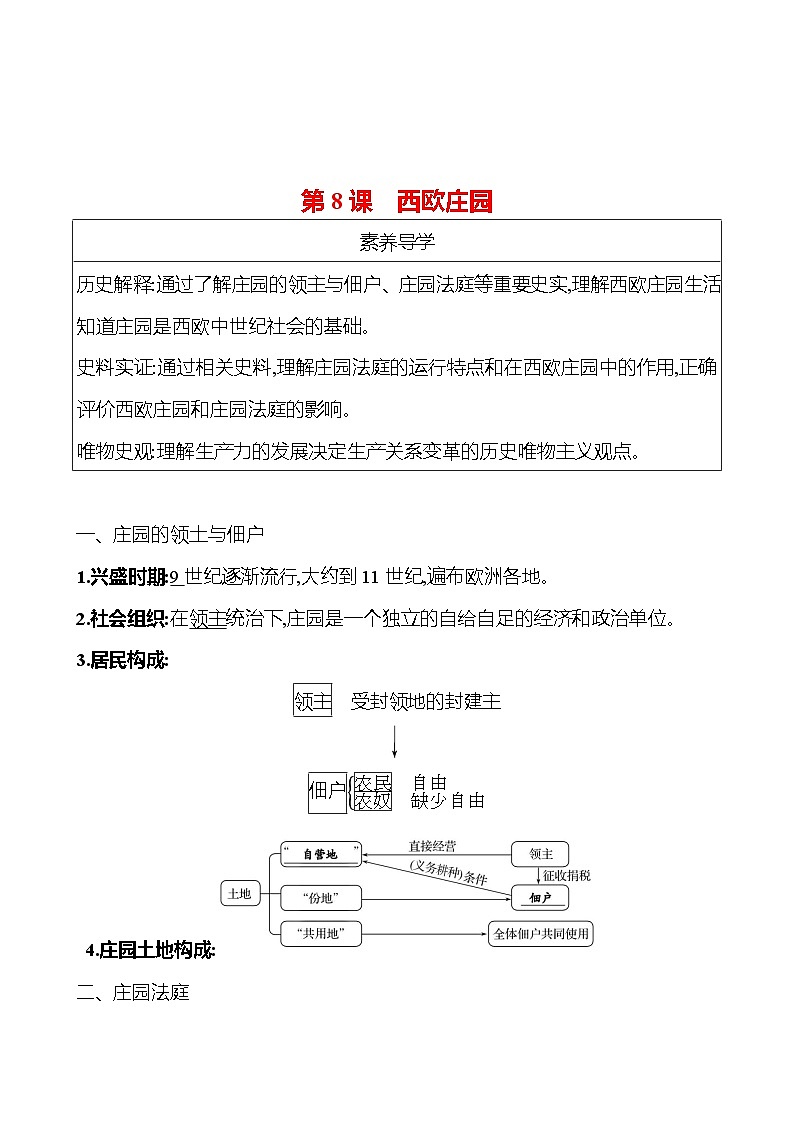第8课　西欧庄园 导学案（学生版+教师版） ---2023--2024学年部编版历史九年级上册01
