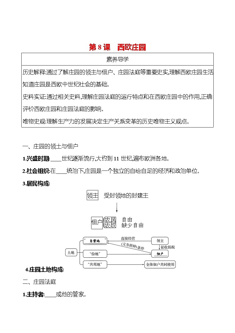 第8课　西欧庄园 导学案（学生版+教师版） ---2023--2024学年部编版历史九年级上册01