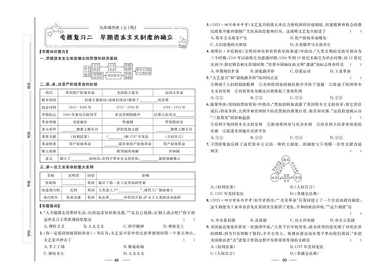 专题复习二 早期资本主义制度的确立-【夺冠百分百】九年级上册初三历史优化测试卷（部编版）-专题复习二 早期资本主义制度的确立.pdf第1页