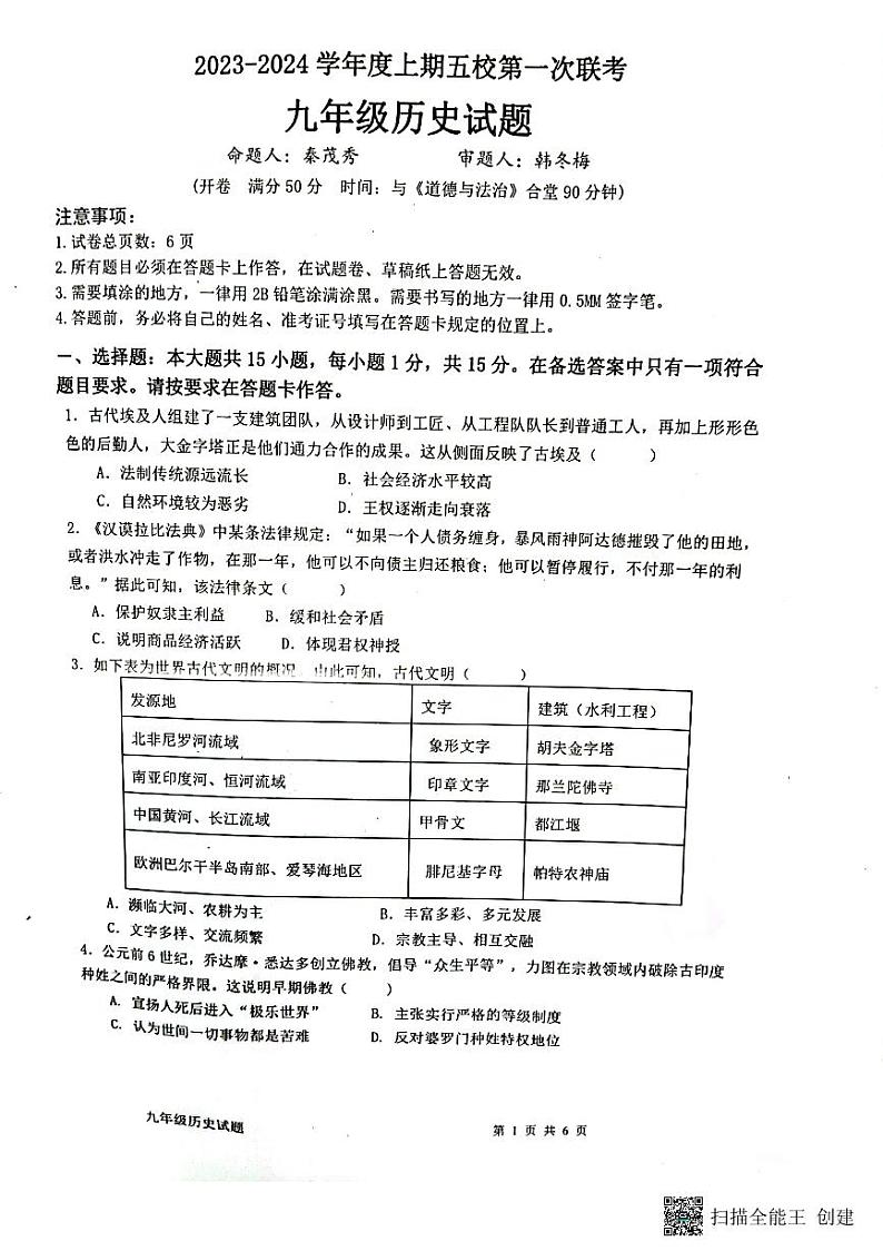 重庆市江津白沙中学校2023-2024学年九年级上学期11月月考历史试题01