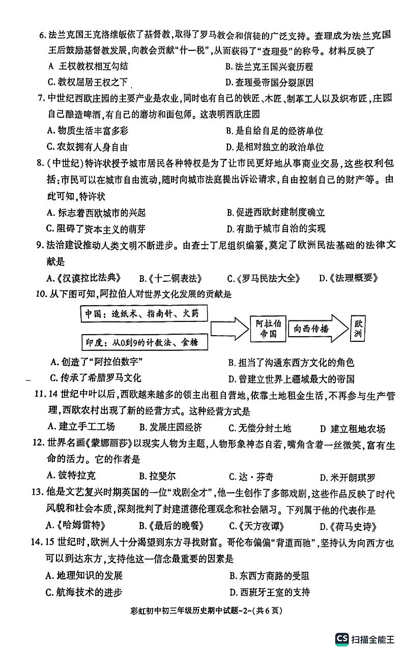 陕西省咸阳市彩虹学校2023-2024学年九年级上学期期中考试历史试题第2页