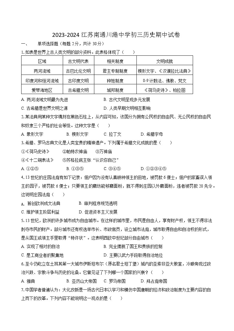 江苏省南通市通州区川港中学2023-2024学年九年级上学期历史期中试卷第1页