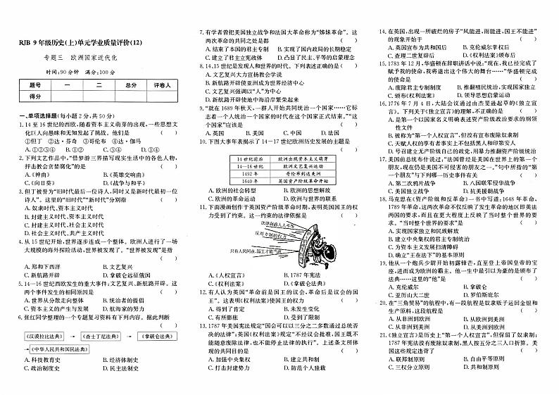 人教版九年级上册《历史》期末专项复习测评卷（欧洲国家近代化）【内含参考答案】01