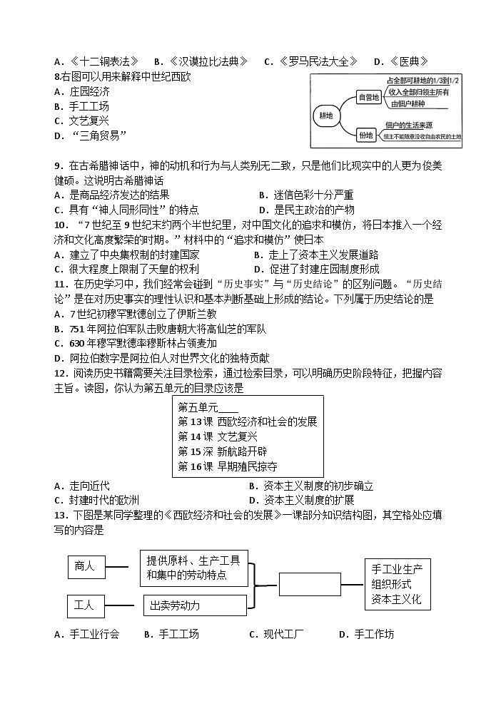 江苏沭阳县外国语实验学校2023_2024学年九年级上学期第一次月考历史试卷02