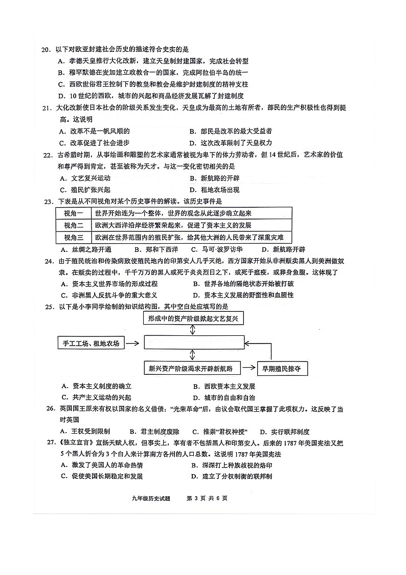 2023-2024江苏省徐州市第一学期九年级历史期中考试卷第3页
