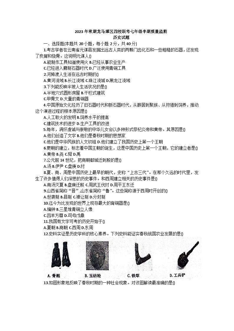 四川省泸州市龙马潭区2023-2024学年七年级上学期11月期中历史试题01