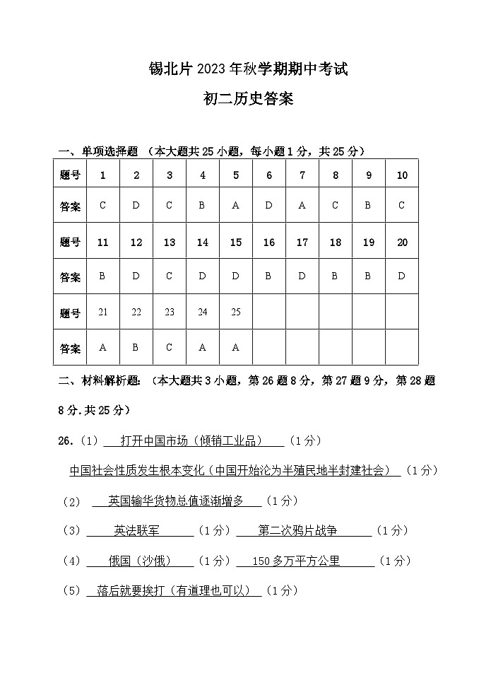 2023年秋初二历史期中答案第1页