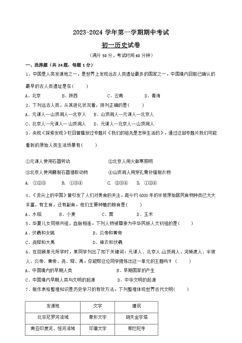 2023-2024学年第一学期期中考试初一历史试卷第1页