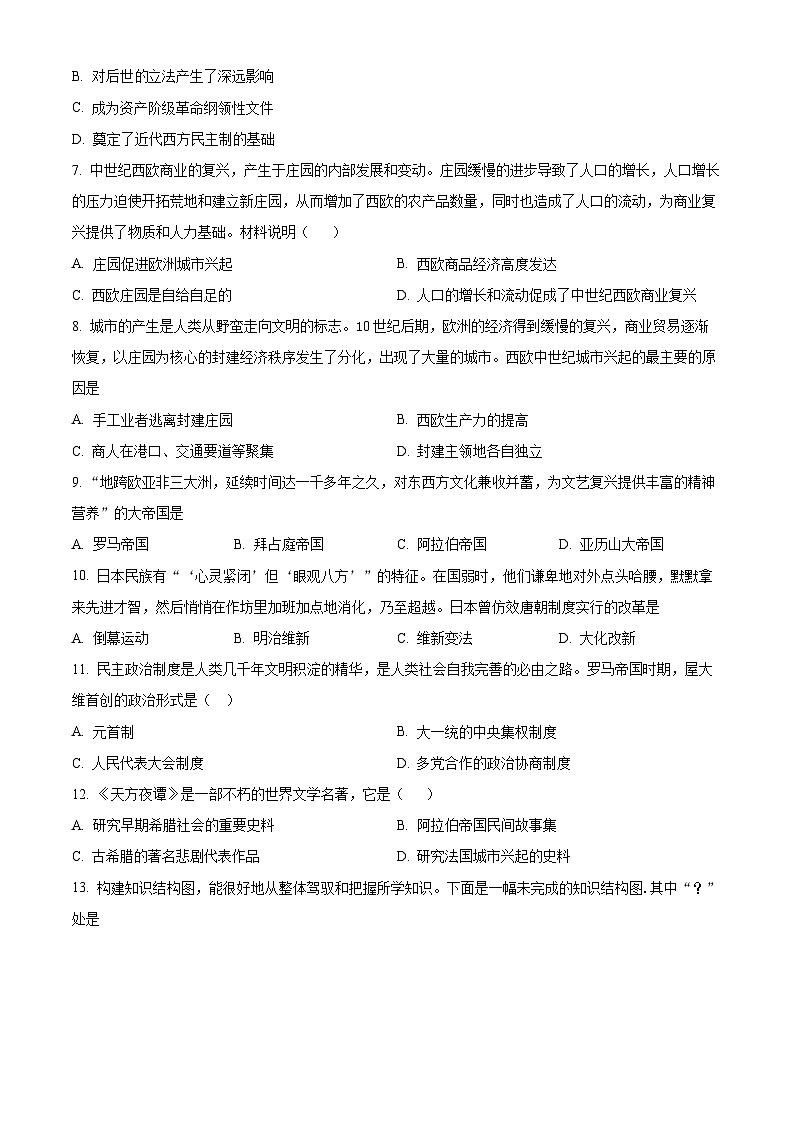 天津市东丽区东片共同体2023-2024学年九年级上学期期中历史试题（原卷+解析）02