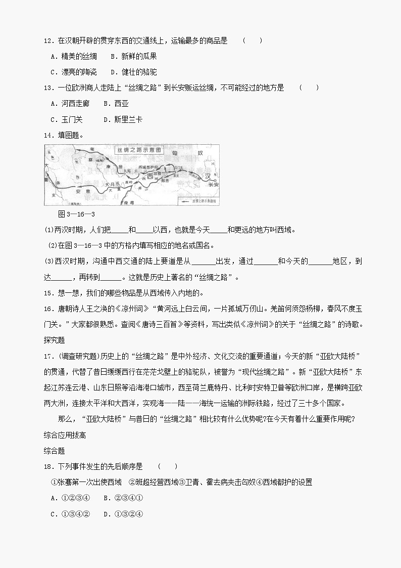第16课《秦汉开拓西域和丝绸之路》同步测试5（北师大版历史七上）第3页