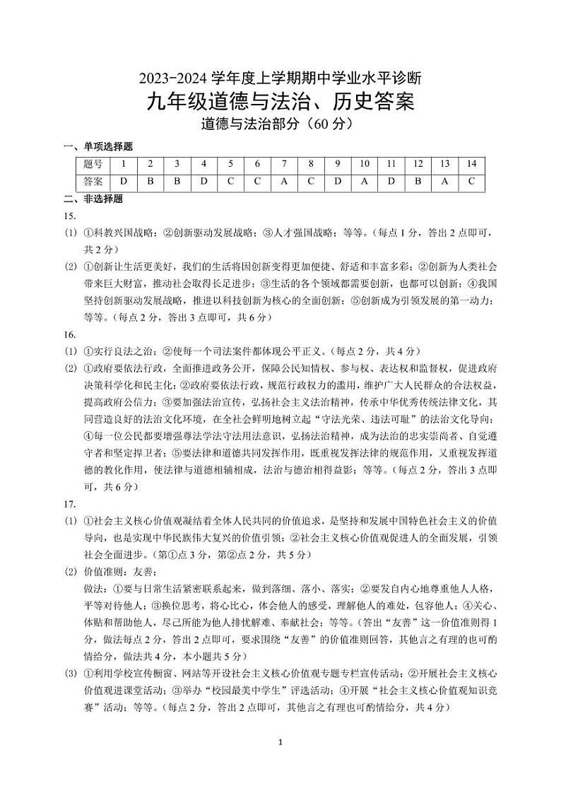 九年级期中道德与法治、历史答案第1页