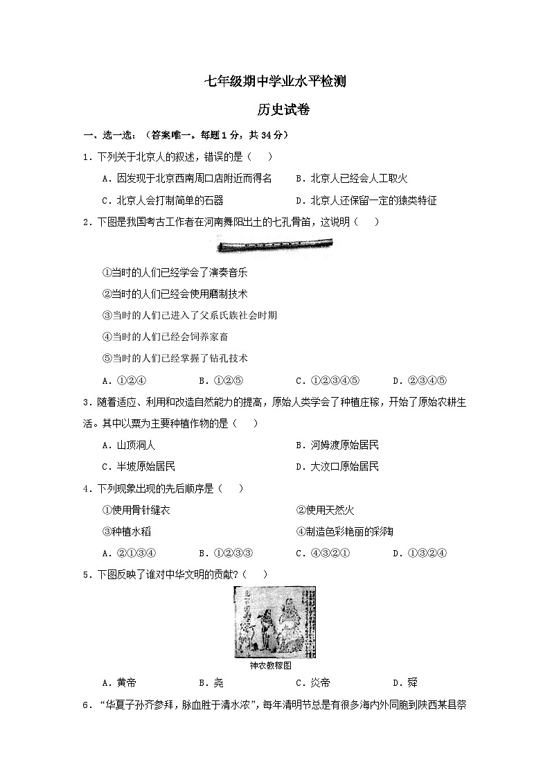 初一历史上册期中测试试题8第1页