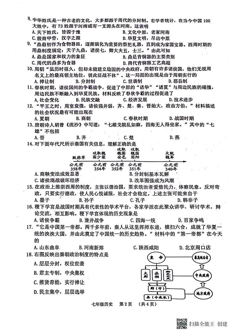 河南省驻马店市第十二初级中学2023-2024学年七年级上学期期中历史试卷第2页
