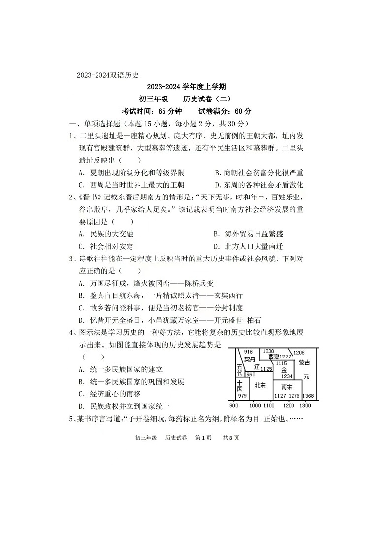 辽宁省沈阳市东北育才学校2023-2024学年九年级上学期期中历史试题01