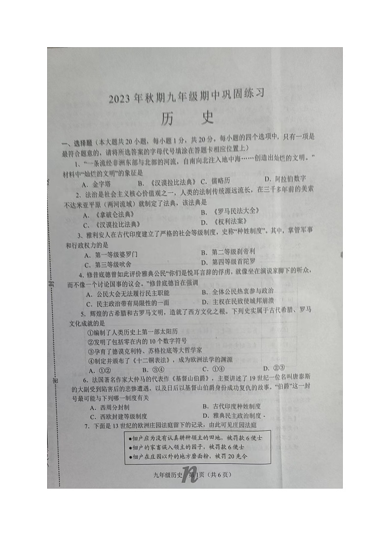 河南省南阳市南召县2023-2024学年九年级上学期11月期中历史试题第1页