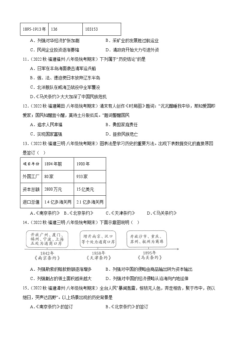 第5课甲午中日战争与列强瓜分中国狂潮 期末试题选编---2022－2023学年上学期福建省八年级历史03