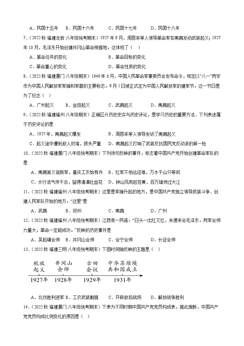 第16课 毛泽东开辟井冈山道路 期末试题选编 2022－2023学年上学期福建省八年级历史02