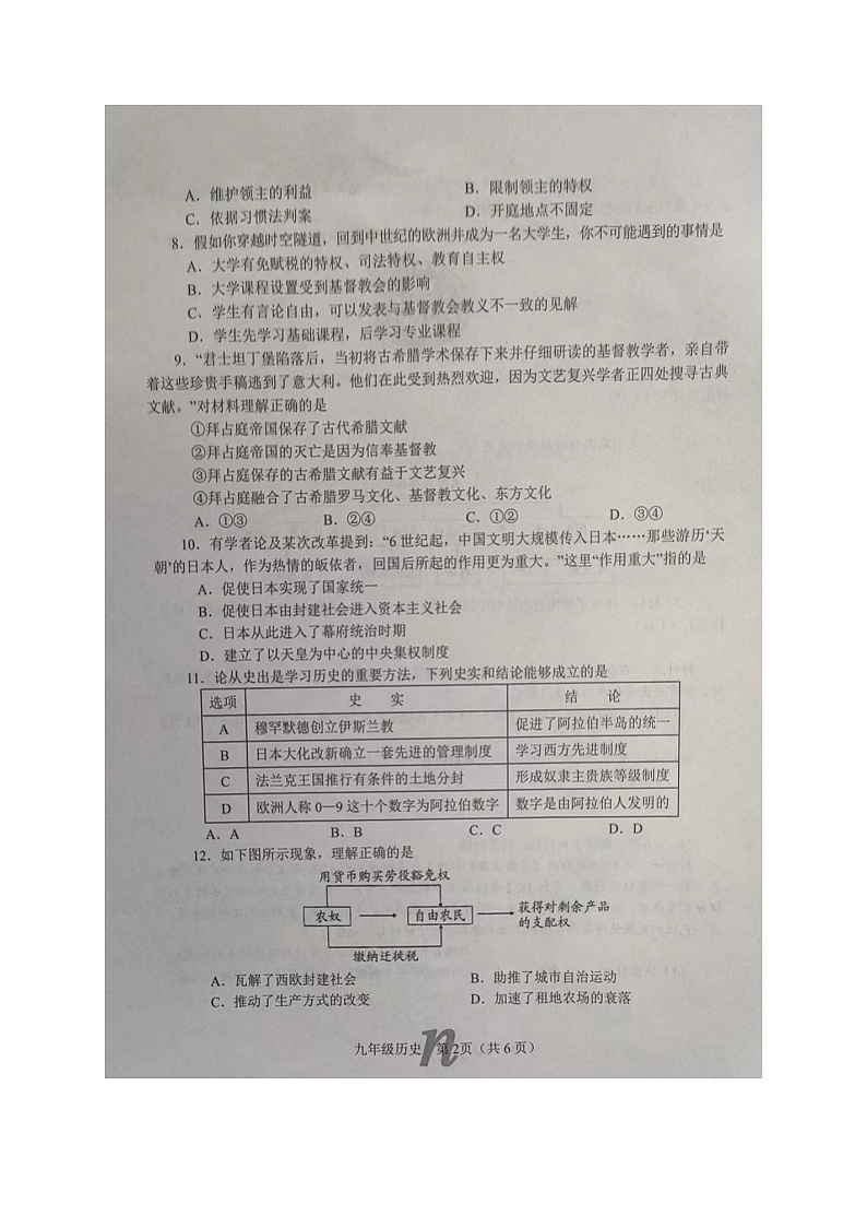 河南省南阳市南召县2023-2024学年九年级上学期11月期中历史试题02