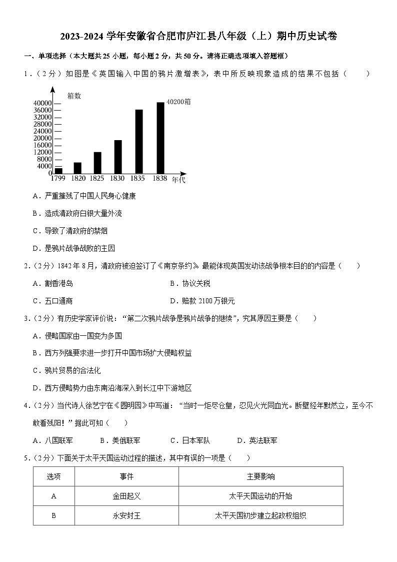2023-2024学年安徽省合肥市庐江县八年级（上）期中历史试卷（含答案）01