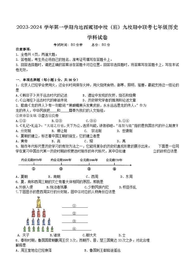 湖北省武汉市内地西藏初中班（校）九校2023-2024学年七年级上学期11月期中历史试题（含答案）01