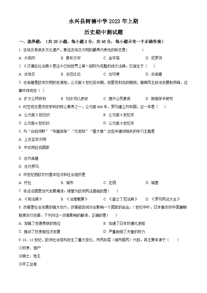 湖南省郴州市永兴县树德教育集团2023-2024学年九年级上学期期中历史试题（原卷+解析）01