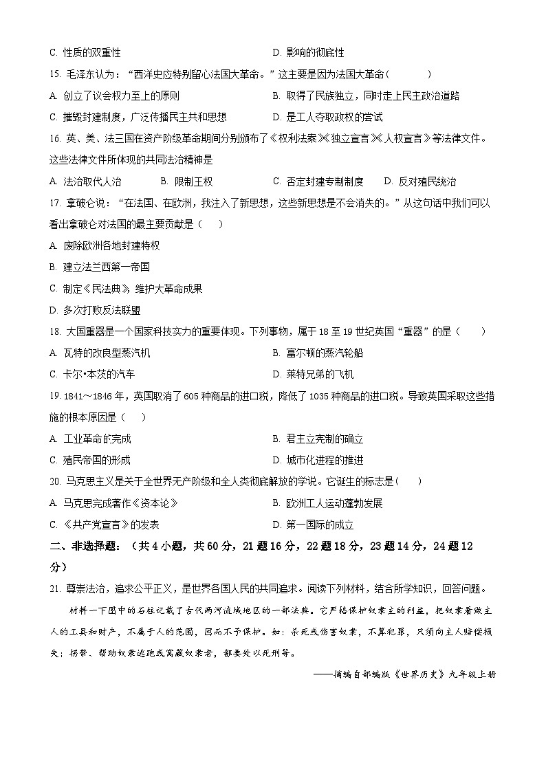 湖南省郴州市永兴县树德教育集团2023-2024学年九年级上学期期中历史试题（原卷+解析）03