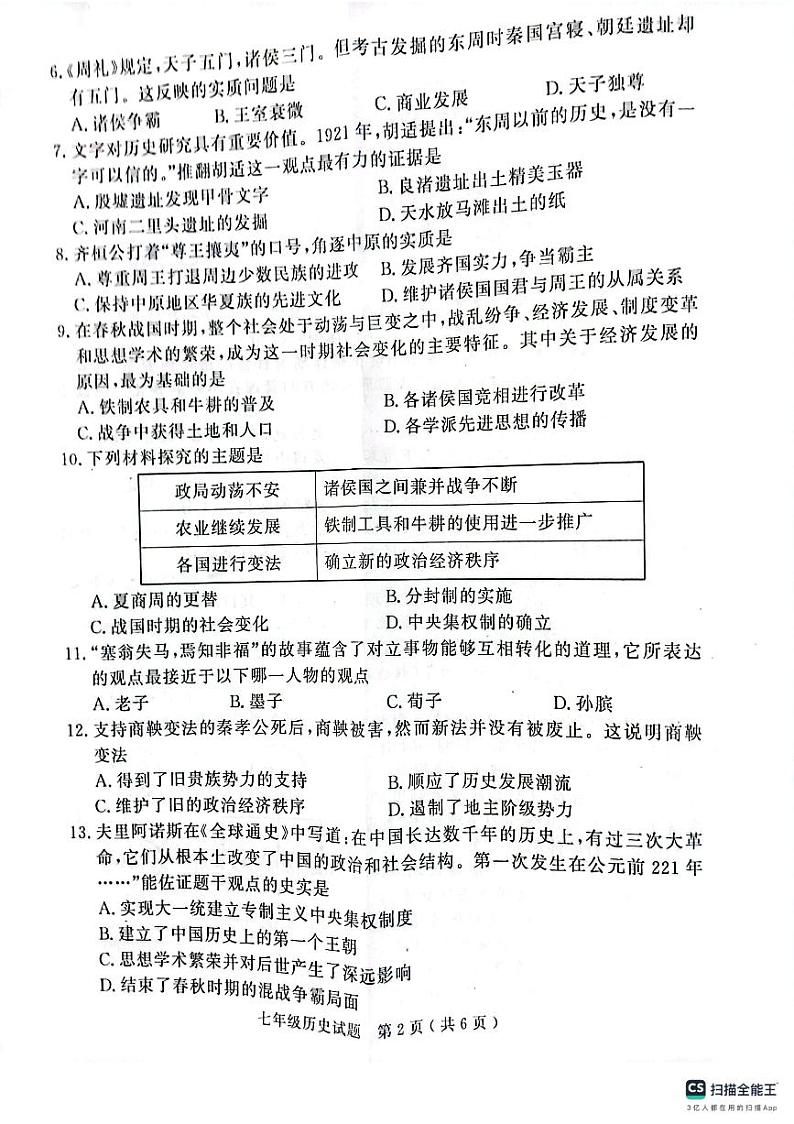山东省济宁市梁山县2023-2024学年七年级上学期期中历史试题02