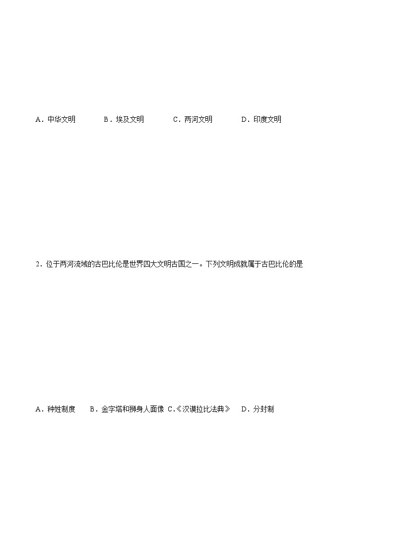 第2课 古代两河流域（含答案解析）-【必刷题】2021-2022学年九年级历史上册同步练习（部编版）02