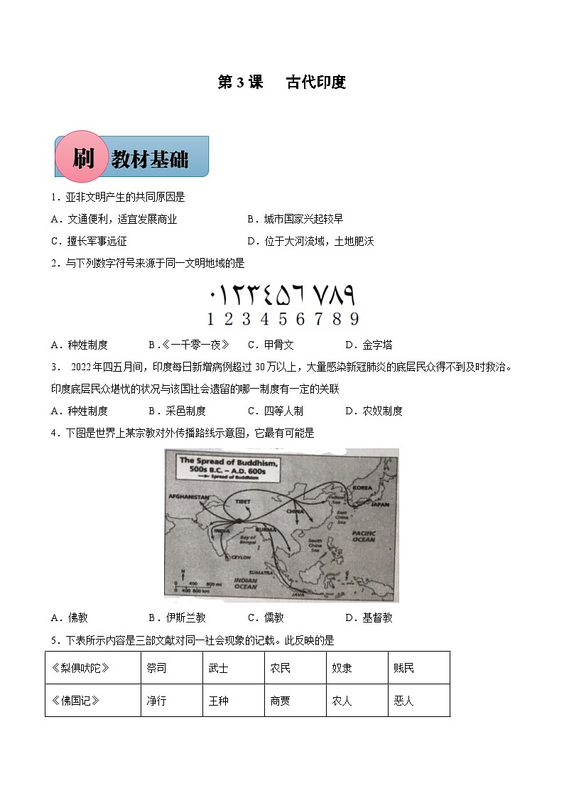 第3课 古代印度（含答案解析）-【必刷题】2021-2022学年九年级历史上册同步练习（部编版）01