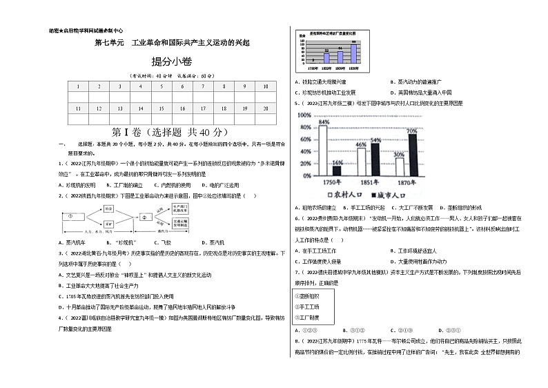 第七单元 工业革命和国际共产主义运动的兴起（提分小卷）（考试版）第1页