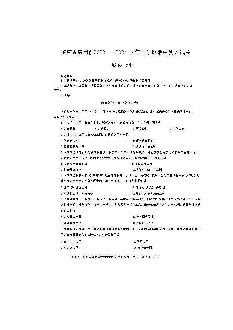 河南省汝阳县2023-2024学年上学期期中学科素养检测卷九年级历史试题(含答案)01